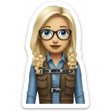 Blue eyed dirty Blond hair girl with glasses drinking coffee wearing a harness and steel toe boots sticker