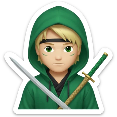 Green ninja Lloyd garmadon blonde hair, kaptur hoody on his head but blonde grzywka visible; the bottom left one is best (the one without miecze + black band + no mask of face) but add miecz; I want no band on head ; I don’t want any band on forehead sticker