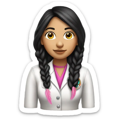  young beautiful Native American female idol scientist with feather earrings & long black hair with pink accents sticker