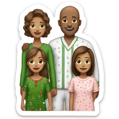 Family of four mom, dad, two daughters all with brown hair and brown eyes dad is bald all in Christmas pjs sticker