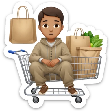 A man in oversized second-hand clothes, sitting beside a shopping cart of items, looking around with soft hopeful eyes.
 sticker