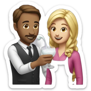 A man pouring a glass of icing on a woman sticker