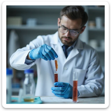 realistic doctor pouring fecal sample into test tube for parasitological analysis, lab instruments visible sticker