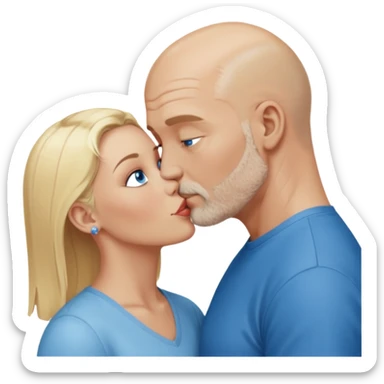 middle age bald man with salt and blonde scruff, blue eyes and blonde woman with blue eyes kissing each other sticker