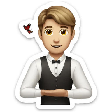 Brown hair light skin male waiter with red butterfly. Serving empty plate sticker