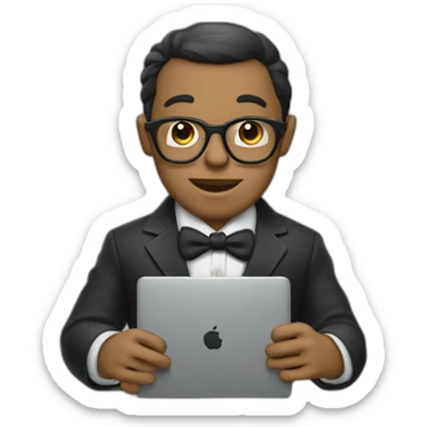 A chipanzee using laptop with well dressed sticker