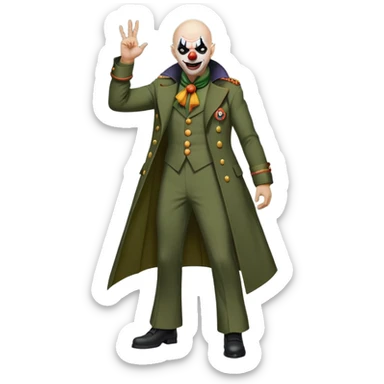 evil clown, bald, small black horns on forehead, fangs, pointed ears, eye patch over one eye, long coat over black and military green leisure suit with bellbottom pants, tail, realistically proportioned, less bulky, full body, battle-ready, fighting posture sticker