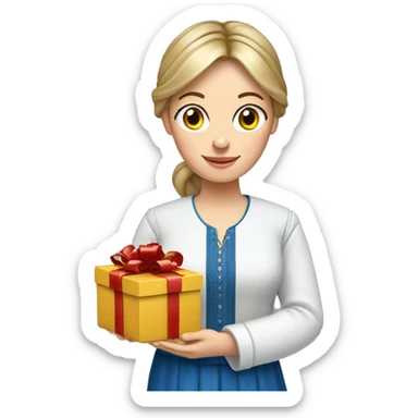 A female teacher in Ukrainian embroidery holds a gift in her hand sticker