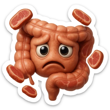 emoji stile iphone in 3d di un intestino triste con fette di carne che gli fluttuano intorno, gli occhi falli con la parte bianca pure, iperrealistico 4k sticker