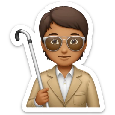 A blind person wearing sunglasses and holding a guide cane sticker