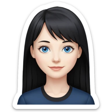 40 yr old woman long straight black hair, pale skin, blue eyes, black clothes, small smile, bangs sticker