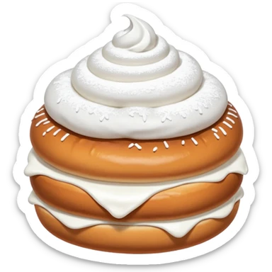 A bun with visible whipped cream in the middle beteween two bun halves and powdered sugar on top sticker
