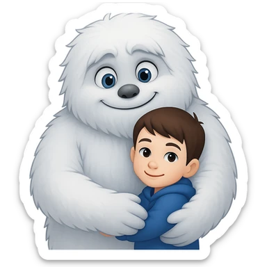 Make the Abominable Snowman much bigger while hugging the little person, keep the background transparent. The style is a transparent background illustration with the Abominable Snowman and a little person. sticker
