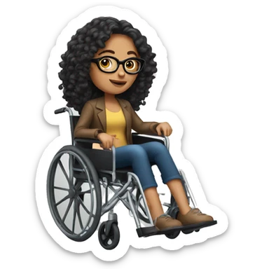 latina with long curly hair, wearing glasses, in a wheelchair sticker