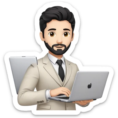 Professional 35-year-old man with black wavy hair, stubble, strong jawline, white skin tone, wearing smart casual business attire, holding a laptop, with a confident approachable expression sticker