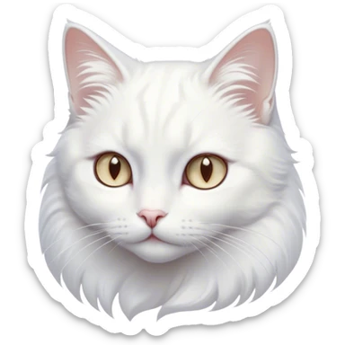 Cinematic Noble White Cat Portrait Emoji, Poised and stately, with a pristine, snow-white fur accented by delicate hints of silver, refined whiskers and a serene, focused gaze, simplified yet impeccably detailed, glowing with an ethereal radiance and timeless elegance, high shine, exuding calm intelligence and regal simplicity, soft glowing outline, capturing the essence of a noble white cat that radiates quiet majesty! sticker