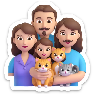 a family portrait: mom with brown hair, dad with brown hair and mustache, daughter with brown hair, and three cats, friendly 3D emoji style sticker
