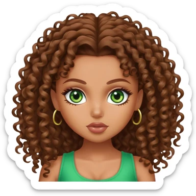 pretty bratz baddie, tan skin, curly brown hair, green eyes sticker