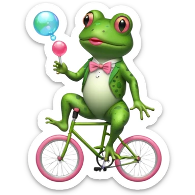 A frog riding a unicycle wearing a monocle blowing a bubble gum bubble sticker