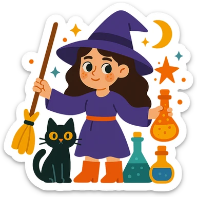brunette girl witch, with a black cat, potion bottles, mystical atmosphere, whimsical style sticker