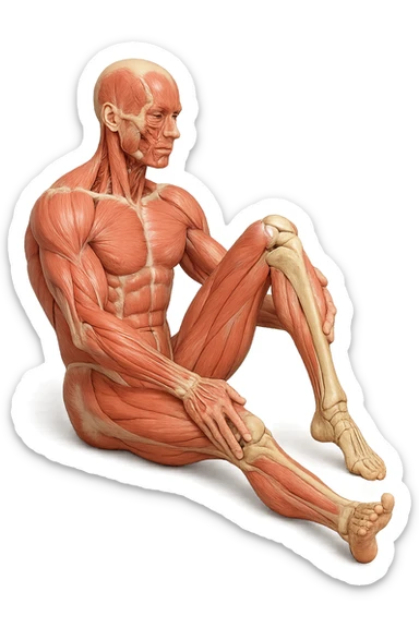 CORPO UMANO ANATOMICO REALISTICO CHE FA UN ESERCIZIO DI MOBILITà ARTICOLARE ALLE GAMBE, IPERREALISTICO 4K sticker