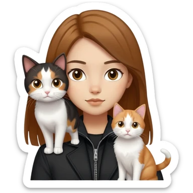 Light-skinned girl with brown straight hair wearing a black jacket, along with one pure white cat and one calico cat sticker