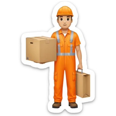 man standing sideways, wearing orange hi visibility overalls, carrying a box sticker