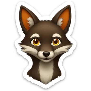 a small dark brown fox with orange eyes with a dark green hood that smile sticker
