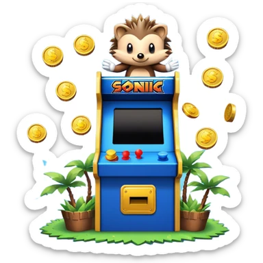 An icon showing a retro arcade screen with pixelated characters like a speedy hedgehog Sonic jumping and collecting coins. The game environment includes obstacles, power-ups, and vibrant colors, evoking the excitement and nostalgia of classic arcade games. transparent background. sticker