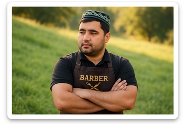 uzbek sartaroshi qo'lini qovushtirib turibdi yon taraf sal pastroq rakusdan sticker