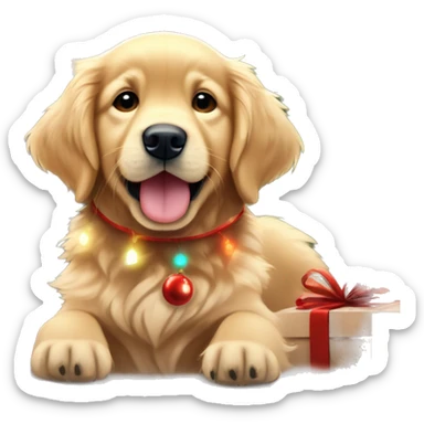 Golden retriever puppy cute with reindeer antlers and a red nose in front of a decorated Christmas tree with Christmas lights ￼ sticker