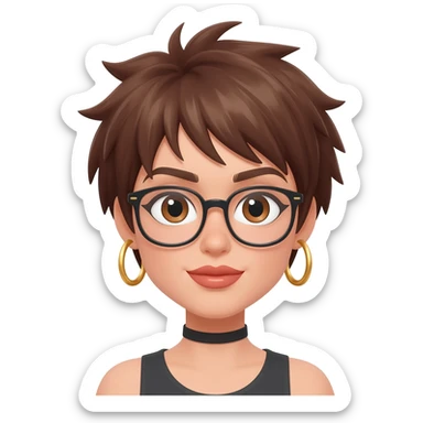 Female very very short brown hair few spikes gold hoop earringsbrown eyes hoop earrings hoop earrings glasses full lips sticker