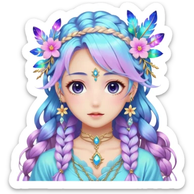 Beautiful gorgeous anime lady with beautiful iridescent-nebula-braided-hair, fashion aesthetic, ethereal, fairycore, pastelcore, feathers, flowers, gems, accessories, jewelries, gold, colorful sticker