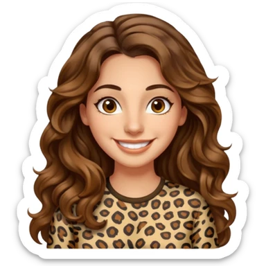 30 yr old italian woman, long brown wavy hair, big brown eyes, huge smile, animal print shirt, no bangs,  sticker