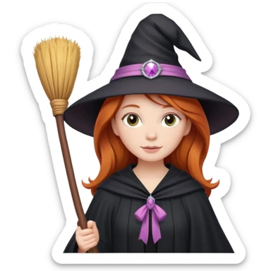 Ginger long hair lady witch with soft pink broom sticker