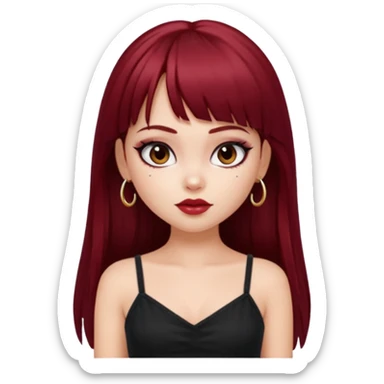 generate a pretty bratz girl in black cami top, dark red straight long hair with bangs, eyeliner on, 

 sticker