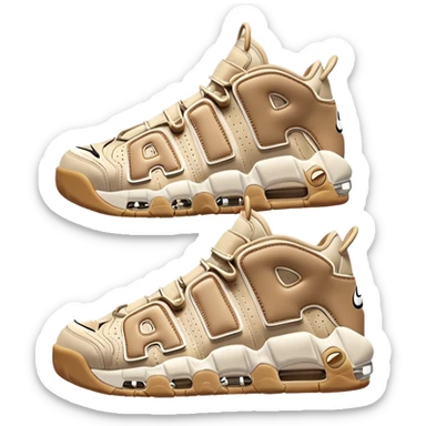 A pair of beige Nike Air More Uptempo sneakers in iOS emoji style, with left and right shoes positioned with one slightly behind the other, featuring minimalist design with the iconic AIR lettering on sides sticker