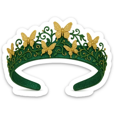 butterfly crown in emerald green with golden butterflies and vine motifs, lush and enchanting sticker