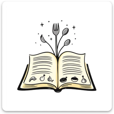 Whimsical enchanted cookbook with magical fork and spoon emblem that's animated with sparkling fairy dust, magical recipe collection sticker
