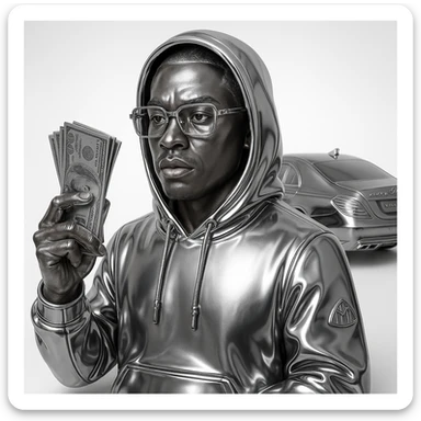 chrome style icon of a person with natural light brown skin tone, expressive facial features, and a hand naturally showing a missing finger, dressed in shiny chrome hoodie and clothes, Cartier glasses, holding realistic US dollar bills instead of money, featuring a Maybach car in the background, bold iconic style sticker