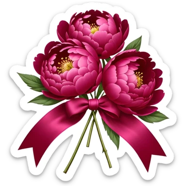 peonies in Persian red color tied with silk aesthetic ribbon of powder raspberry color in glamour vintage theme sticker