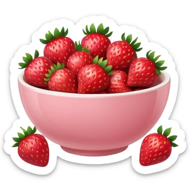White ceramic bowl filled with fresh strawberries, pastel pink backdrop sticker