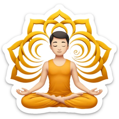 Minimalistic flat vector icon, iOS style, thin black contour on white background. Person in lotus pose with rising spiral energy above. No text, no shadows. sticker