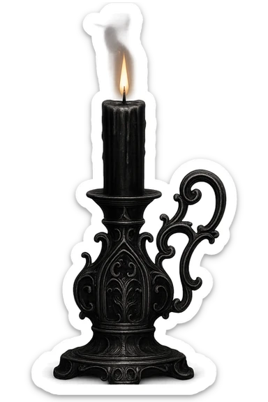 goth object, black candle with silver holder, mysterious sticker