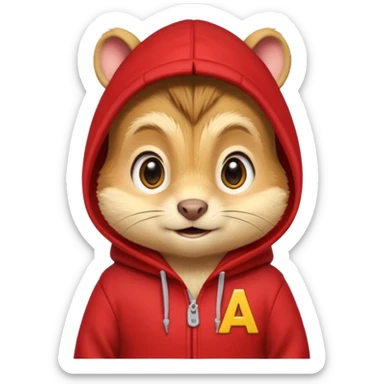 Portrait of a cartoon chipmunk with light brown and beige fur, wearing a red hoodie with a yellow 'A' on it, big round eyes, small nose, and a mischievous grin, front-facing, stylized in animated movie style sticker