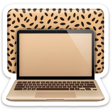 minimal flat emoji of an open laptop with a leopard-print cover, clean vector lines, warm beige and brown tones, modern aesthetic, transparent background, high-quality icon sticker
