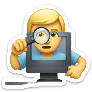 man using magnifying glass to read a computer monitor sticker