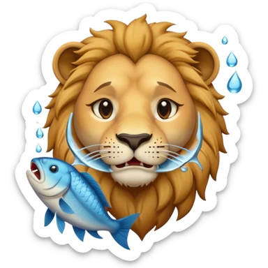  A lion eating a fish, feeling sad, cry, tear falling from eyes, portrait, bust up sticker
