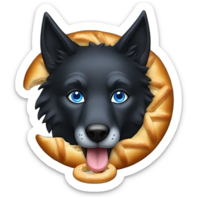 a full black wolf with blue eyes eats a bretzel sticker