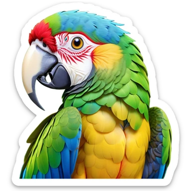 Cinematic Noble Macaw Portrait Emoji, Poised and regal, with vibrant, iridescent feathers in a spectrum of brilliant colors and sharp, intelligent eyes, Simplified yet sharp and sophisticated features, highly detailed, glowing with a soft, tropical radiance, high shine, majestic and graceful, stylized with an air of exotic elegance, focused and alert, soft glowing outline, capturing the essence of a watchful and confident avian guardian that seems ready to soar out of the screen with effortless authority! sticker